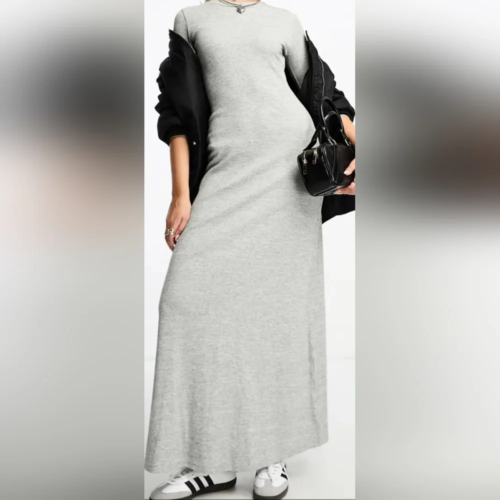 NWOT ASOS Gray Ribbed Cotton‎ Long Sleeve Maxi Dress Sz 12